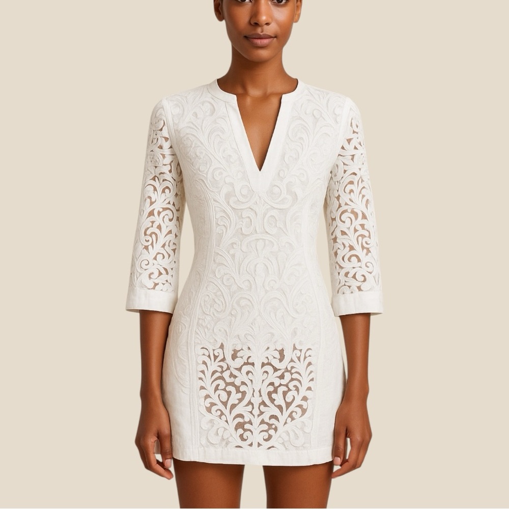 Hale Bob Lace Linen White Boho V neck Mini Dress size Small